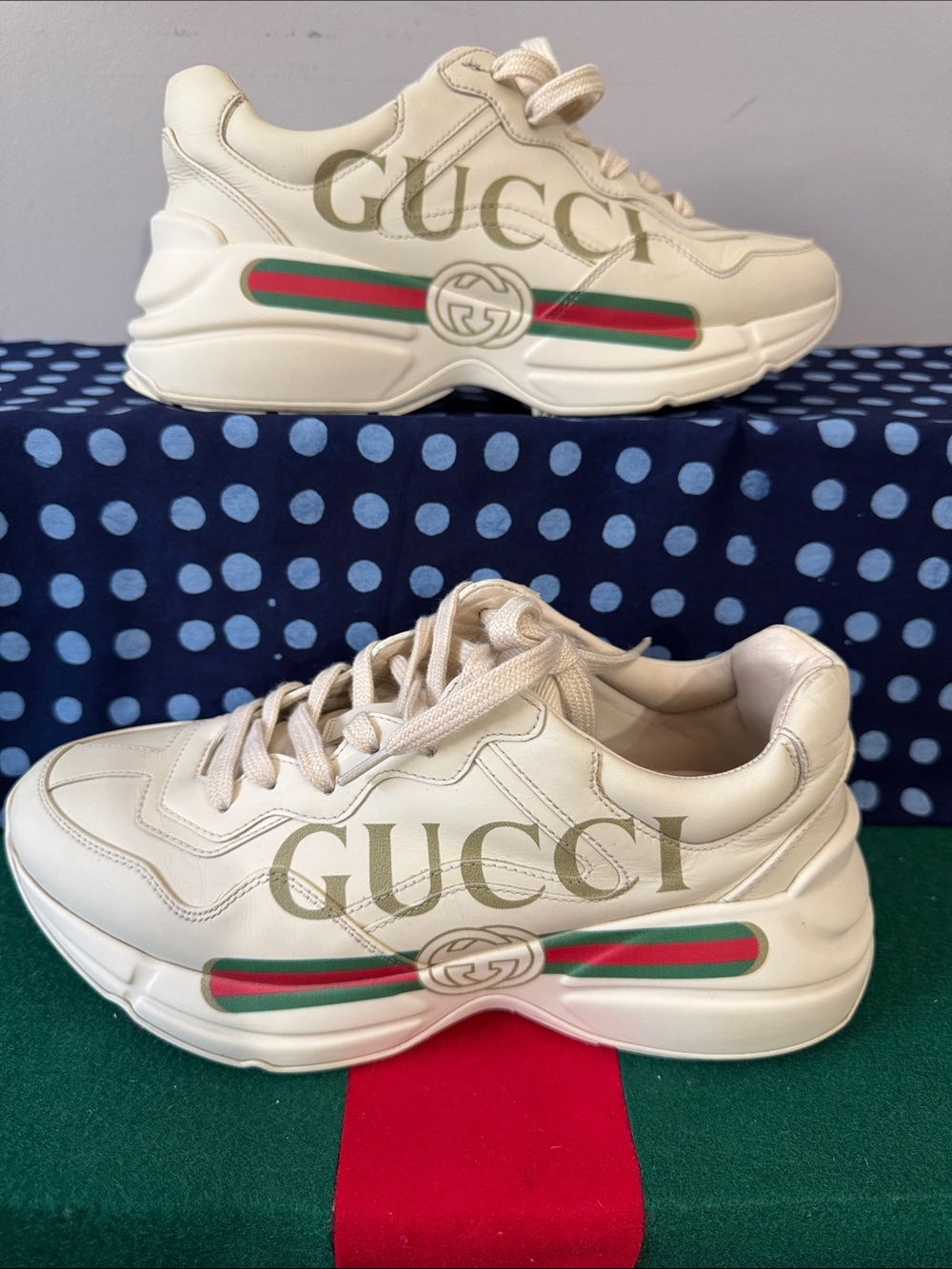 👟❤️💚Gucci Cream Leather Chunky Sneakers with Green-Red Stripe size  38💚❤️